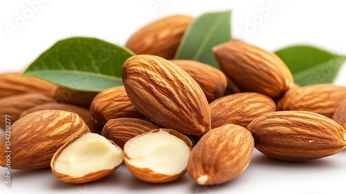 A close up view of a pile of almonds with leaves