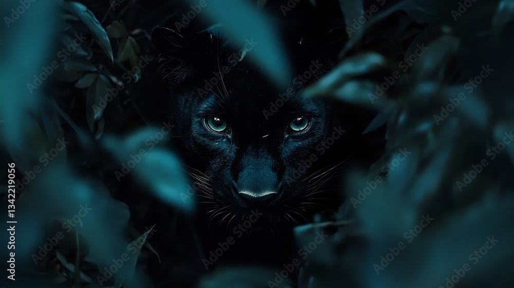 Obraz premium Striking black panther prowling through dense undergrowth its piercing eyes glowing in the dim jungle light