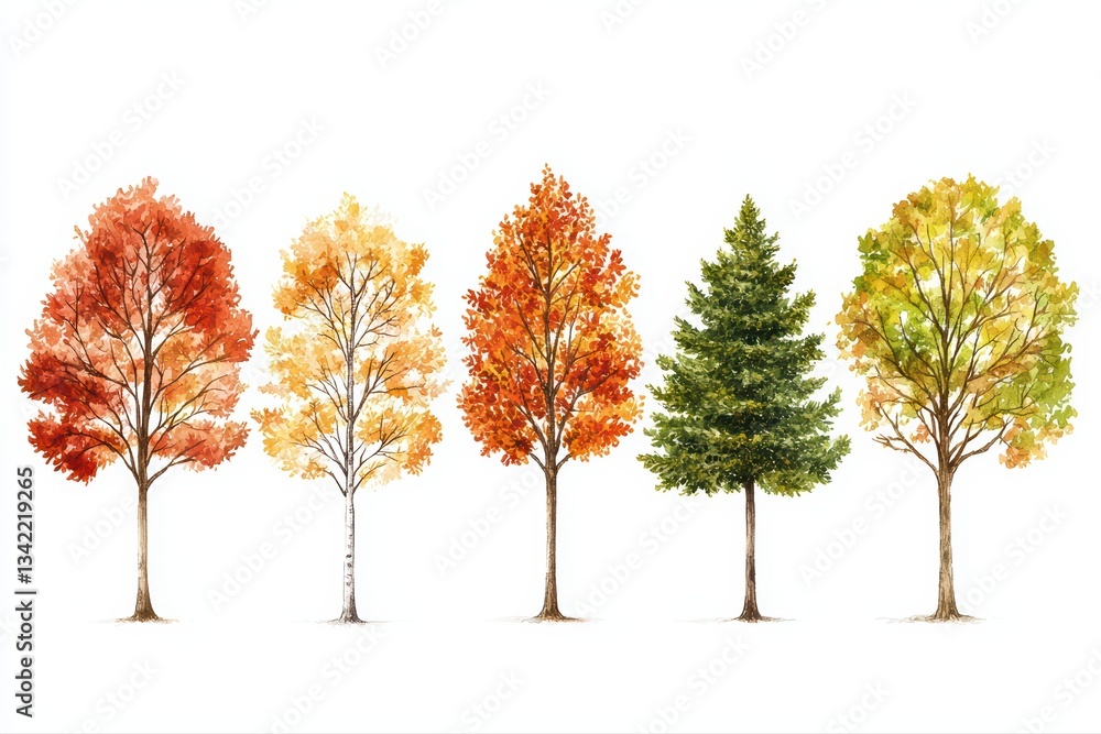 Naklejka premium Beautiful Autumn Tree Variety Illustration Displaying Vibrant Colors of Fall Foliage