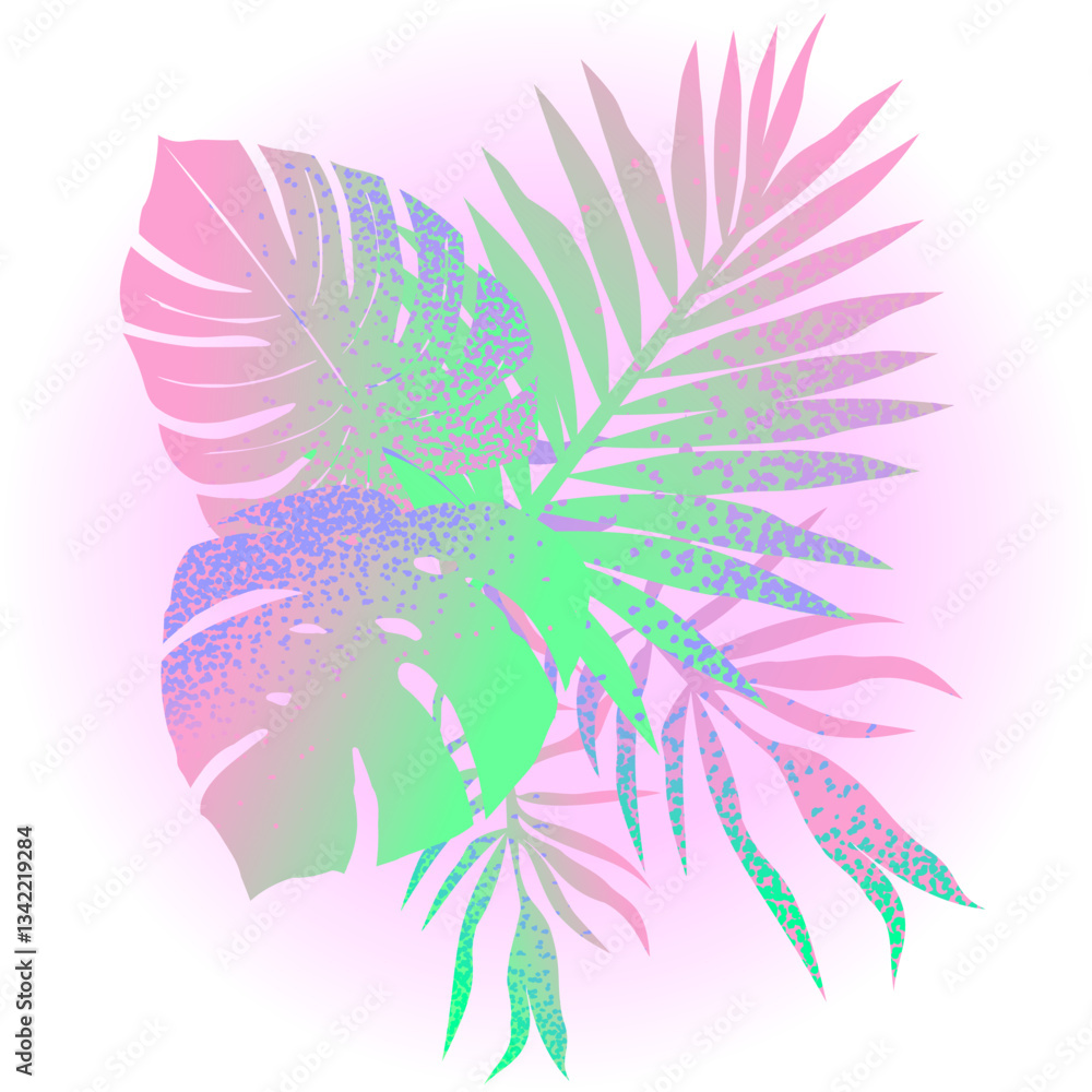 Fototapeta premium A pattern of abstract tropical leaves. Colorful grainy gradient. Botanical illustration.
