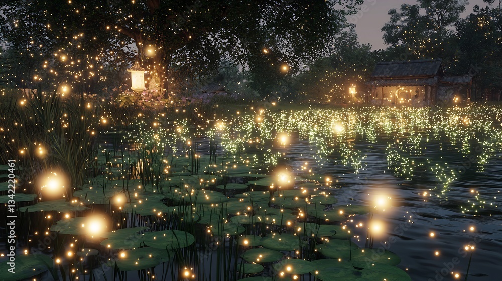 Naklejka premium Swarm of fireflies glowing above a tranquil pond their soft bioluminescence creating a magical dreamlike atmosphere in the dusk