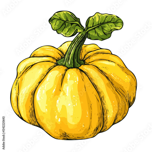 A hand-drawn colorful Pattypan Squash. Trendy abstract minimal style. Natural fresh. Vector illustration isolated on white background, vector illustration