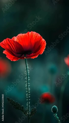 Vivid red poppy stands alone in a dark field during late afternoon light