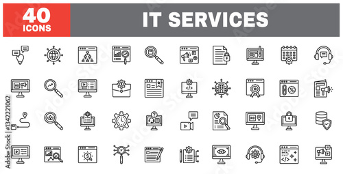 Set of 40 line icons IT services. Outline icon collection. Editable stroke. Vector illustration.