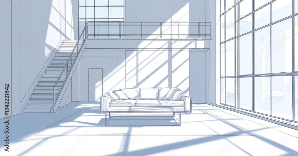 Fototapeta premium Sunlit loft apartment interior design sketch.