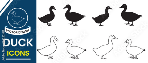 Ducks icon vector illustration. Silhouette of duck, goose icon symbol. Set of farm animals out line icon, vector illustration.