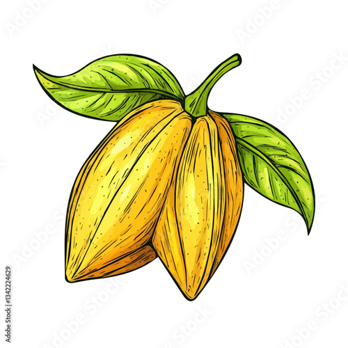 Simple hand-drawn colorful Starfruit branch. Trendy abstract minimal style. Natural fresh. Vector illustration isolated on white background, vector illustration	