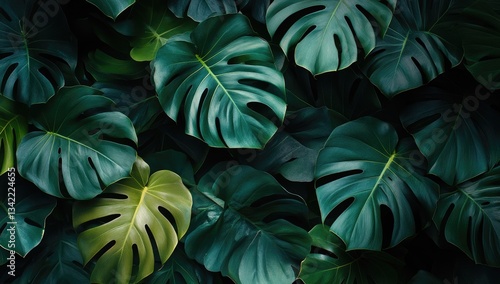 Wallpaper Mural Dark green and lighter green tropical monstera leaves background image. Lush foliage texture Torontodigital.ca