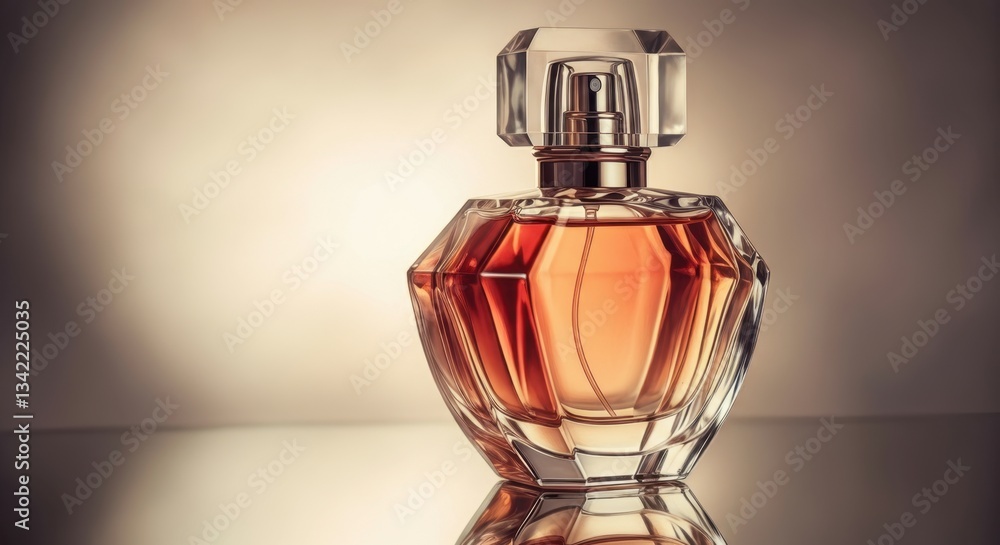 A sleek glass bottle of perfume stands on a mirrored surface A sleek glass bottle of perfume stands on a mirrored surface