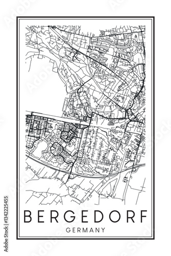 Hand drawn printable downtown road map poster of the German city quarter of HAMBURG-BERGEDORF on solid white background with city name
