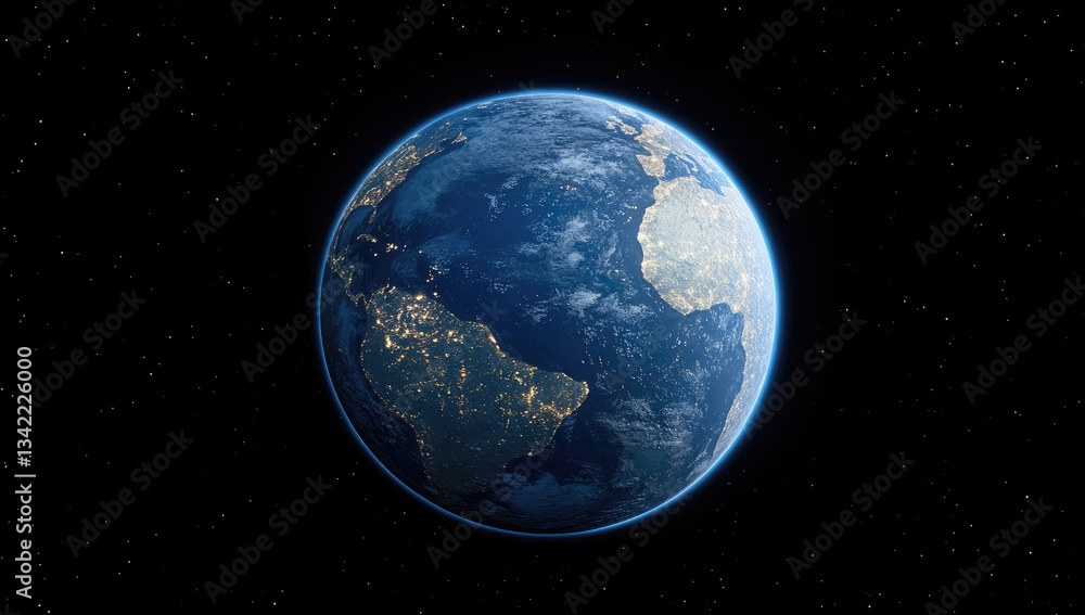Obraz premium A digitally rendered Earth at night, viewed from space, showing city lights and a dark blue ocean. Pixelated style