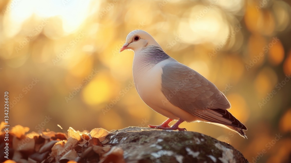 Fototapeta premium A graceful dove perches atop a rock in warm sunlight