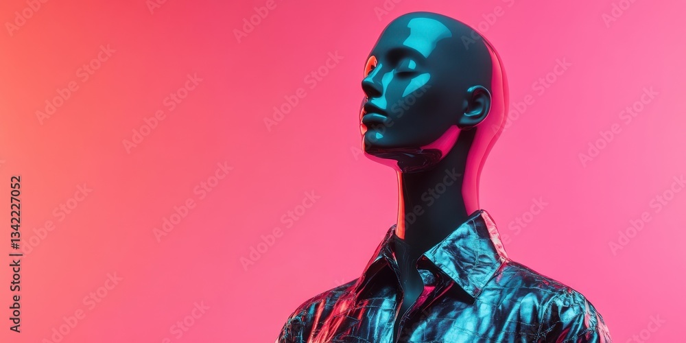 Sculpted Serenity: An artistic mannequin radiates a sense of calm, its metallic skin reflecting a vibrant interplay of pink and blue light, exuding a sense of artistic expression and modern design. Sculpted Serenity: An artistic mannequin radiates a sense of calm, its metallic skin reflecting a vibrant interplay of pink and blue light, exuding a sense of artistic expression and modern design.