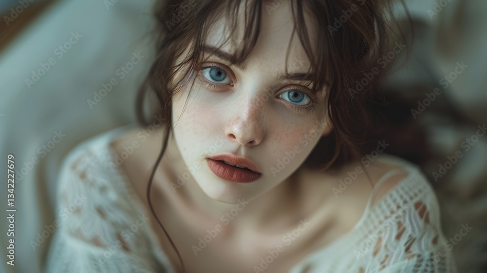 This stunning portrait captures a young woman's enchanting blue eyes and delicate features, highlighting her natural beauty in a soft, ethereal environment. This stunning portrait captures a young woman's enchanting blue eyes and delicate features, highlighting her natural beauty in a soft, ethereal environment.