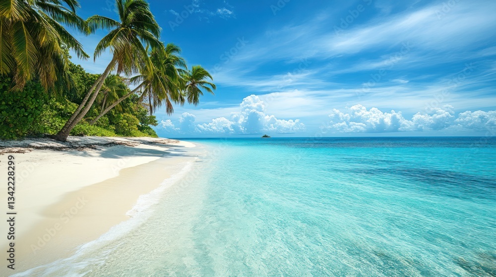 Fototapeta premium Picturesque tropical beach with white sand, turquoise water, and palm trees under a clear blue sky