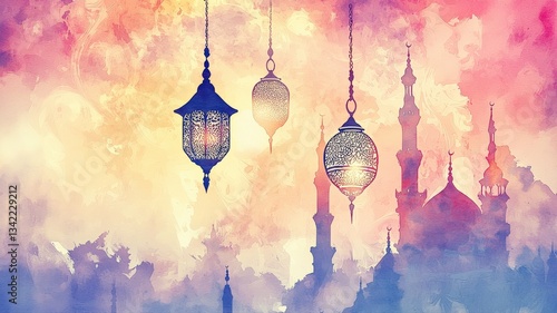 Dreamy watercolor background with glowing floating lanterns and subtle mosque silhouettes. Elegant spiritual design perfect for Ramadan, Eid, and Islamic festive themes.