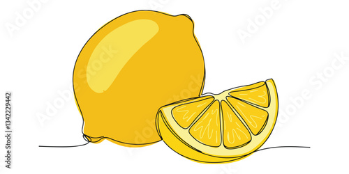 lemon fruit and a slice, continuous single line minimalist illustration of a whole lemon along with a slice, created using a continuous single line drawing technique. This simple hand drawn sketch.