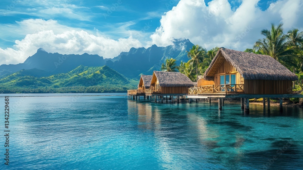 Naklejka premium Exotic tropical island scenery with overwater bungalows, serene turquoise ocean