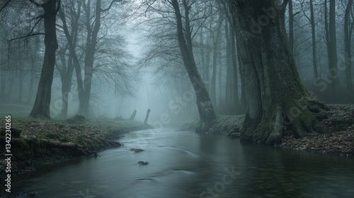 Wallpaper Mural Ethereal river flows through a misty forest, shrouded in fog at twilight Torontodigital.ca