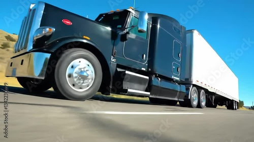 Wallpaper Mural A large black truck travels at high speed on a smooth highway. The landscape features rolling hills and a bright blue sky, creating a scenic backdrop for the journey. Torontodigital.ca