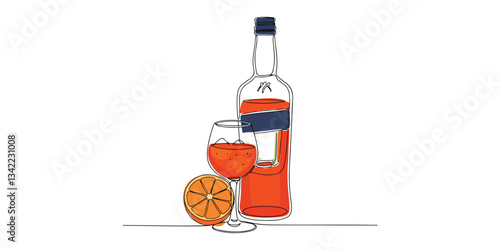 spritz aperol cocktail and orange continuous single line modern minimalist illustration showcasing a Spritz Aperol cocktail alongside an orange and a glass bottle of liquor. Created using a continuous