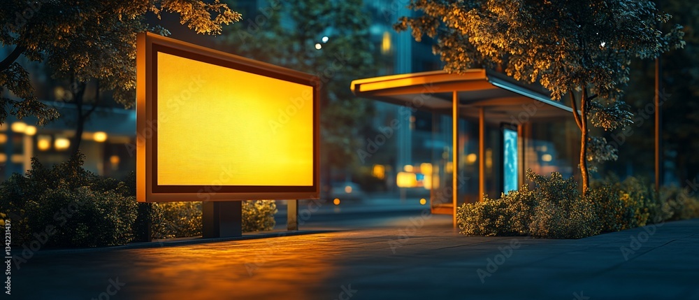 Illuminated sign and shelter near road at night with trees and cityscape Illuminated sign and shelter near road at night with trees and cityscape