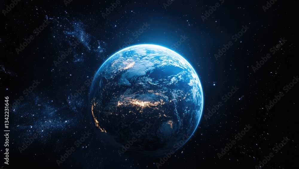 Detailed view of Earth in space, bright blue light, dotted with stars and nebulae, low light, night-time effect on Earth, stylized, digital illustration, high resolution, planets Detailed view of Earth in space, bright blue light, dotted with stars and nebulae, low light, night-time effect on Earth, stylized, digital illustration, high resolution, planets