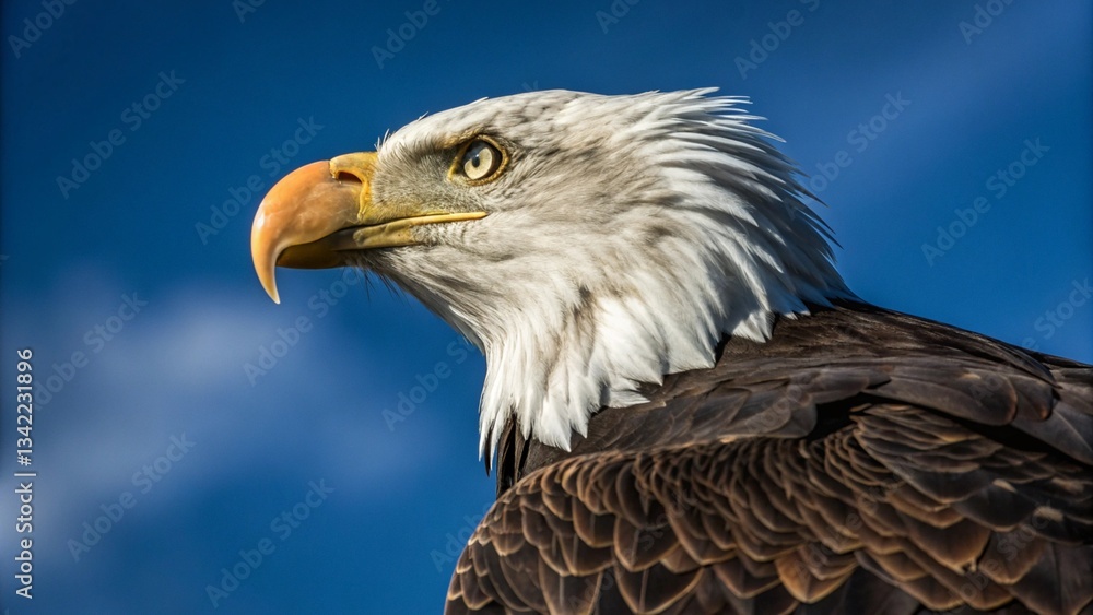 Fototapeta premium A majestic bald eagle is captured in a powerful close-up profile against a vibrant blue sky dotted with wispy clouds. The eagle's sharp yellow beak and piercing gaze are prominent features, symbolizin