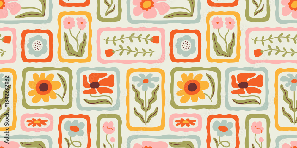custom made wallpaper toronto digitalColorful floral seamless pattern illustration. Vintage style flower frame background design. Geometric natural wallpaper print, spring season nature backdrop texture with flowers.