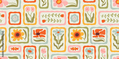 Colorful floral seamless pattern illustration. Vintage style flower frame background design. Geometric natural wallpaper print, spring season nature backdrop texture with flowers.