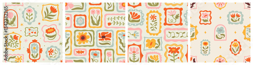 Colorful floral seamless pattern illustration set. Vintage style flower frame background design collection. Geometric natural wallpaper print, spring season nature backdrop texture with flowers.