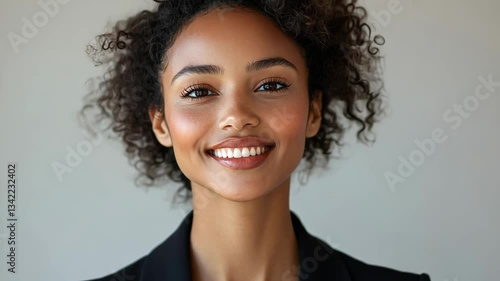 Confident young woman with curly hair poses for a portrait against a neutral background in bright lighting