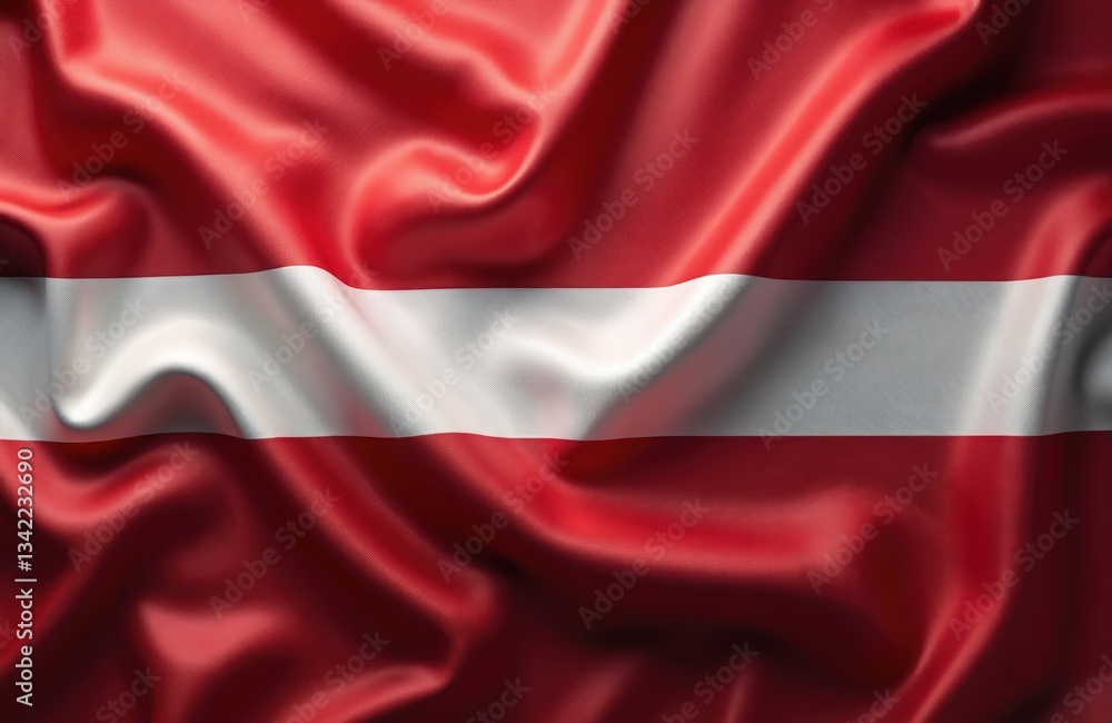 Fototapeta premium Wavy Latvia official national flag of silk fabric texture. Latvian banner of red, white colors floats in wind. 3D rendering, patriotic symbol, textile background. Government related image.