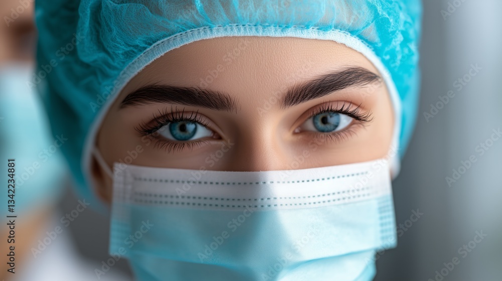 Medical professional in mask and cap with focused eyes. Medical professional in mask and cap with focused eyes.