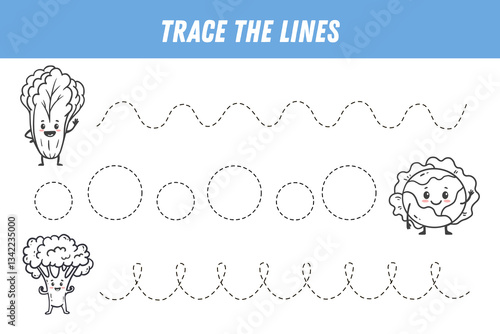 Tracing lines for kids. Cute cartoon vegetables. Broccoli, cabbage, сhinese cabbage. Handwriting practice. Educational game for preschool kids. Activity page. Vector