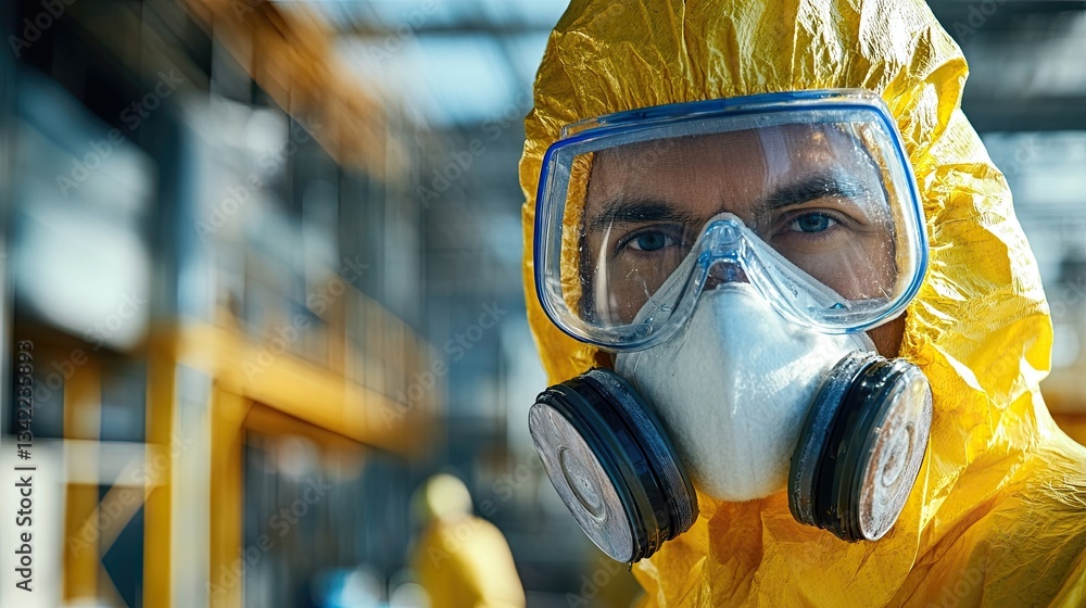 Person in protective gear for asbestos testing highlighting safety, health precautions, environmental hazards, workplace safety, and asbestos removal procedures in construction and renovation Person in protective gear for asbestos testing highlighting safety, health precautions, environmental hazards, workplace safety, and asbestos removal procedures in construction and renovation