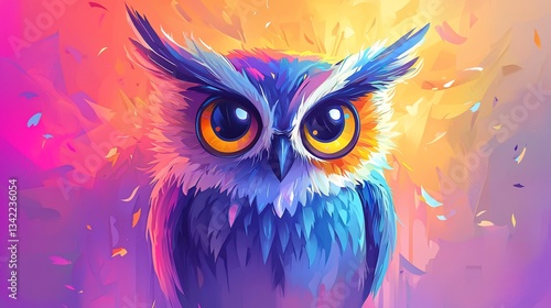 Colorful Owl Portrait, Vibrant Background