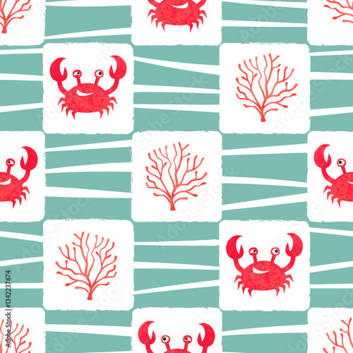 Sea checkered pattern with cute crabs and corals. Vector marine illustration