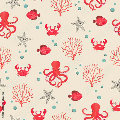 Seamless marine pattern with cute octopus, crab, fish and corals. Vector wate...