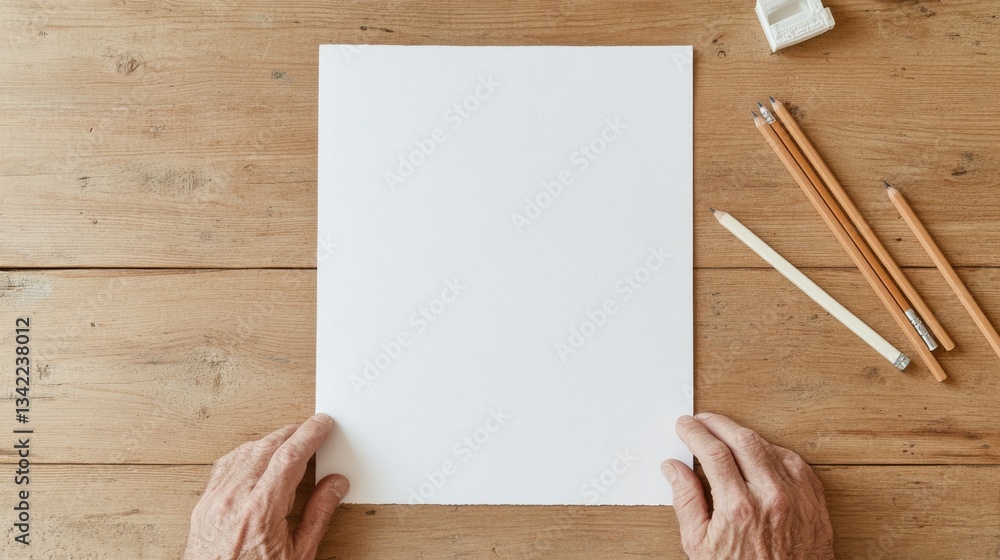 Blank canvas awaits creativity, surrounded by colored pencils an Blank canvas awaits creativity, surrounded by colored pencils an