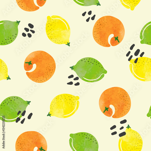 Citrus fruit seamless pattern. Watercolor lemon, lime and orange fruits vector print