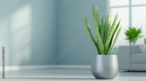 Serene Minimalist Interior: Snake Plant in Silver Pot