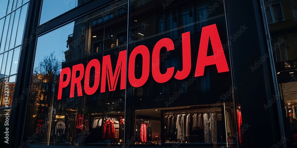 Promocja - Czerwony napis po polsku w oknie sklepowym,