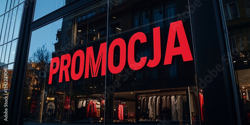 Obraz na płótnie Promocja - Czerwony napis po polsku w oknie sklepowym, w salonie