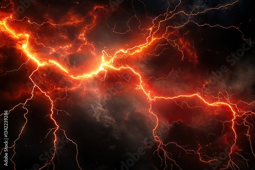 Fiery orange lightning bolts crack across dark stormy sky