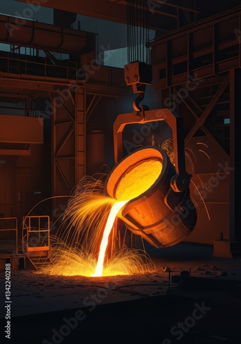 Molten metal pouring from a furnace in a steel manufacturing facility