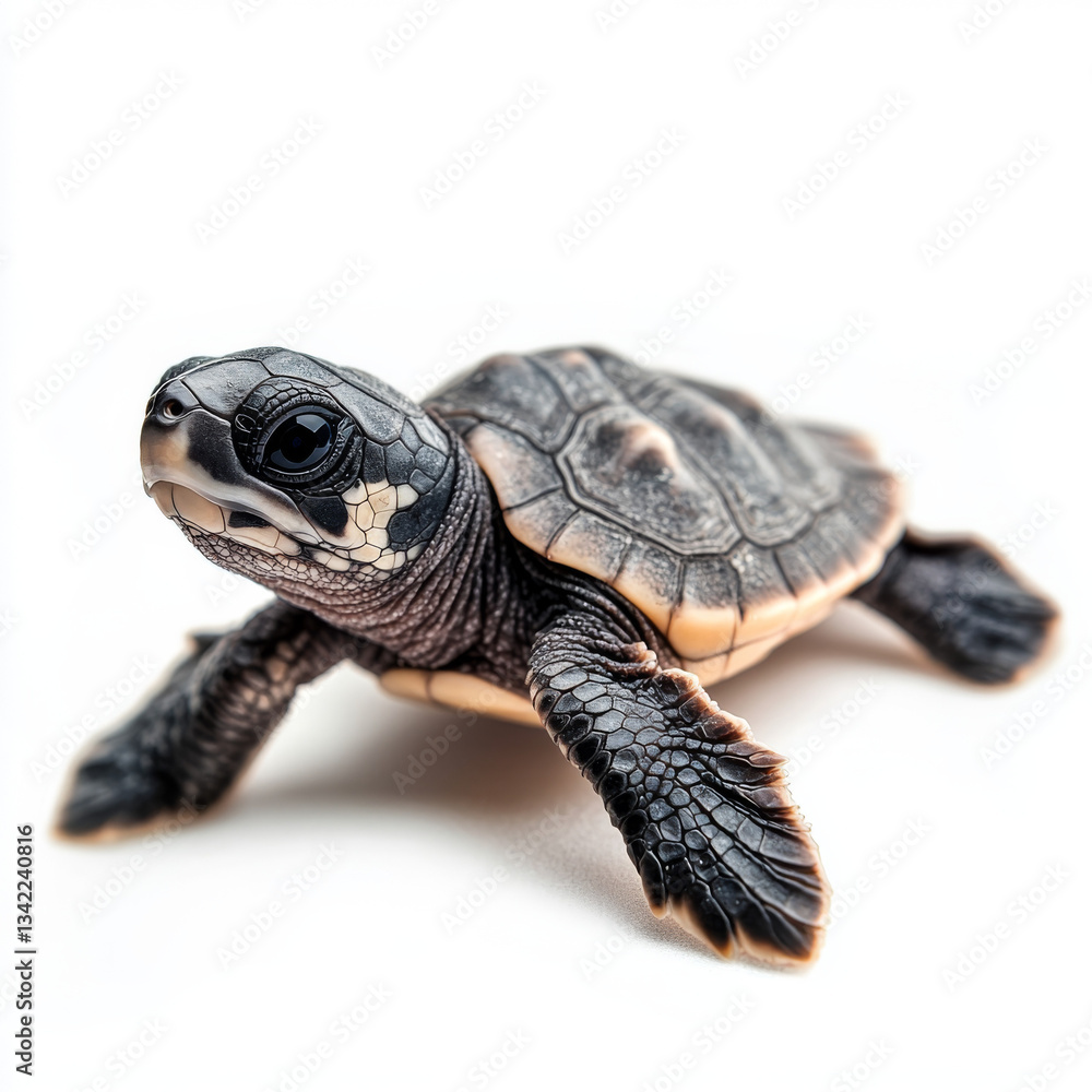 Obraz premium Cute baby turtle isolated on white with reptile shell texture 