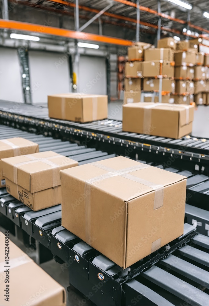 Cardboard boxes on conveyor belt in warehouse. Automatic production line