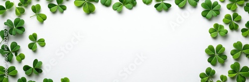 Fresh green clover leaves arranged in a border frame on a light textured white background, suggesting a springtime theme or St Patricks day