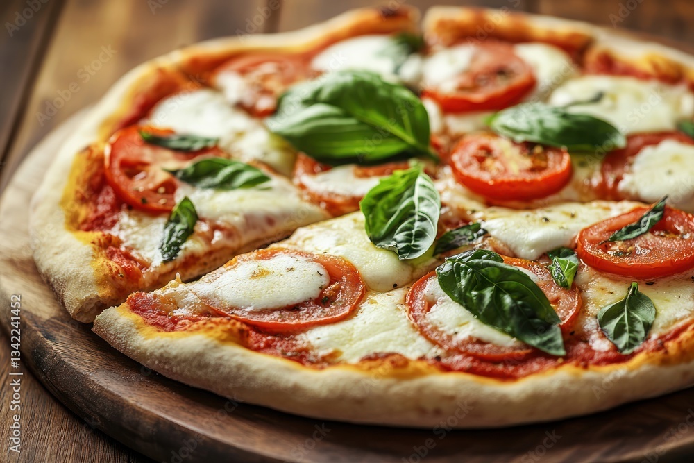 Freshly Baked Pizza with Tomatoes Mozzarella and Basil on a Wooden Board Perfect for Culina Freshly Baked Pizza with Tomatoes Mozzarella and Basil on a Wooden Board Perfect for Culina